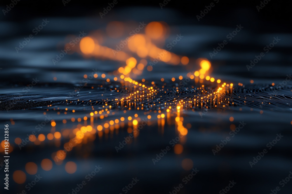 Fototapete abstract representation of glowing particles on a dark surface, suggesting movement and flow.