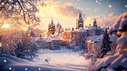 Obraz premium A serene winter landscape featuring snow-covered buildings and a sunset backdrop.