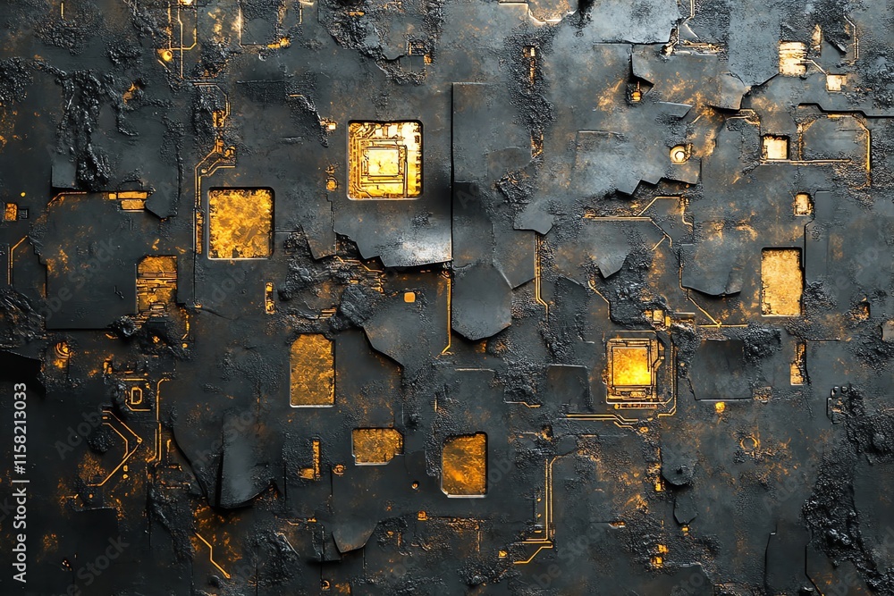 Aufkleber Abstract depiction of a textured surface with circuit-like patterns and glowing elements.