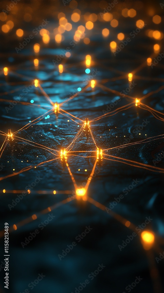 Poster a digital network of glowing nodes interconnected over a dark, reflective surface.