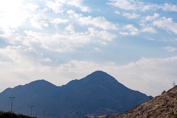 View of rocky hills with clear blue sky in Mecca, Saudi Arabia