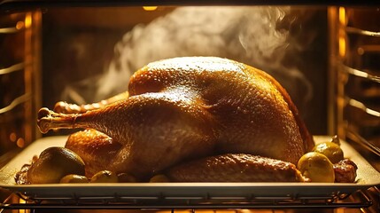 Roasting a turkey in the oven, golden brown and delicious. Steam rising from inside an amazing-looking modern kitchen. A lemon is on top of it for decoration. 