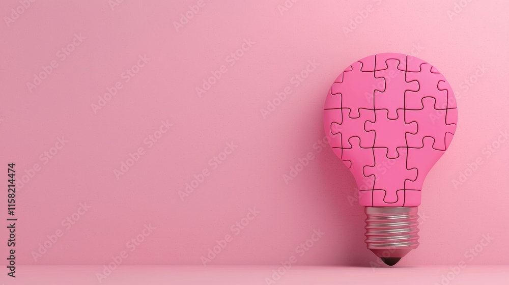 Poster pink lightbulb puzzle representing creative problem solving on pink background