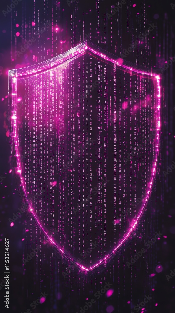 Leinwandbilder a digital shield with a glowing pink outline against a backdrop of binary code.