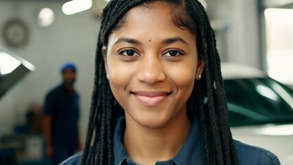 Smiley young African American female car repair master looking at camera. A confident and cheerful car repair master ready to tackle any vehicle challenge with a smile!