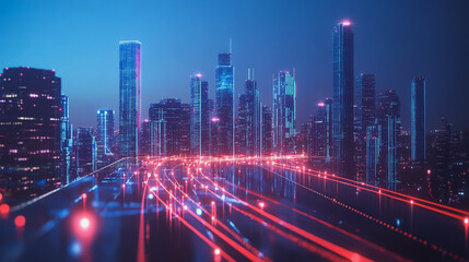 Fototapeta premium Smart digital Innovation city with connection network reciprocity over the cityscape. of future smart wireless digital city and social media networking systems that connects people with in city