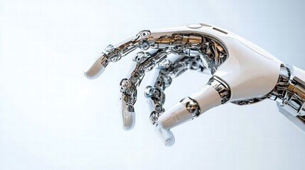 Robotic hand interacting with a holographic interface, sharp studio image with ample text space, professional advertising, balanced composition,