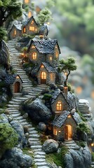 Fototapeta premium Magical Miniature Village Houses Capturing Fairy Tale Dreams in Marble Photo