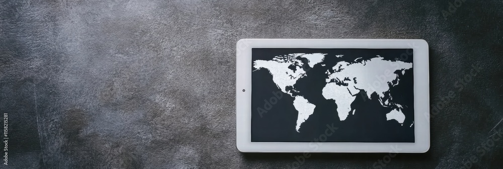 Aufkleber Modern flat lay featuring a tablet with a world map and ample copy space for custom text or branding purposes. Generative AI