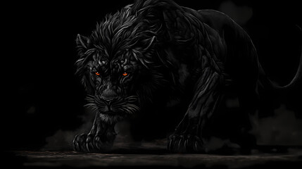 Enigmatic black lion chimera emerging from shadows , mystical, mythical, creature, lion, chimera, black, darkness. Chimera. Illustration