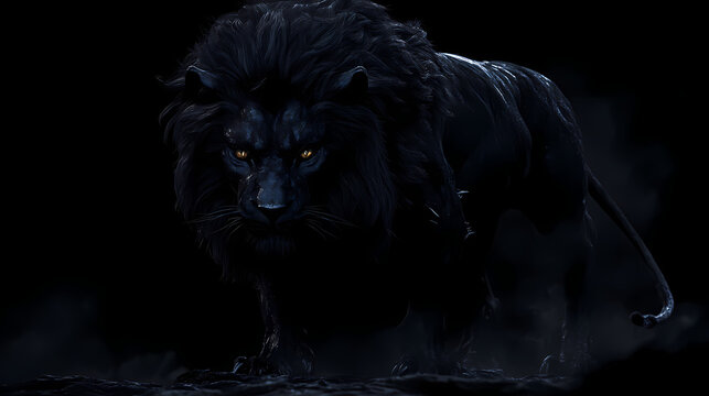 Enigmatic black lion chimera emerging from shadows , mystical, mythical, creature, lion, chimera, black, darkness. Chimera. Illustration