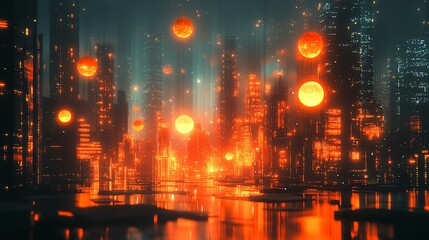 Futuristic cityscape with glowing orange orbs amidst tall buildings and reflective water.