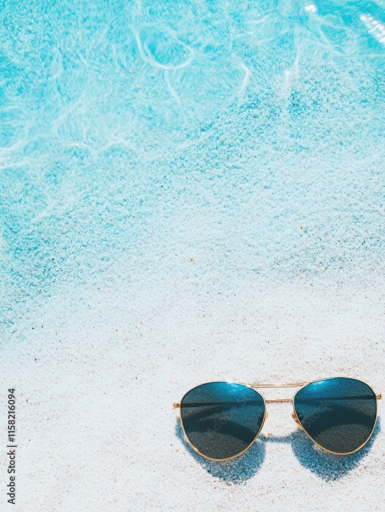 Poster bright day by the pool with stylish sunglasses resting on sandy beach. generative ai