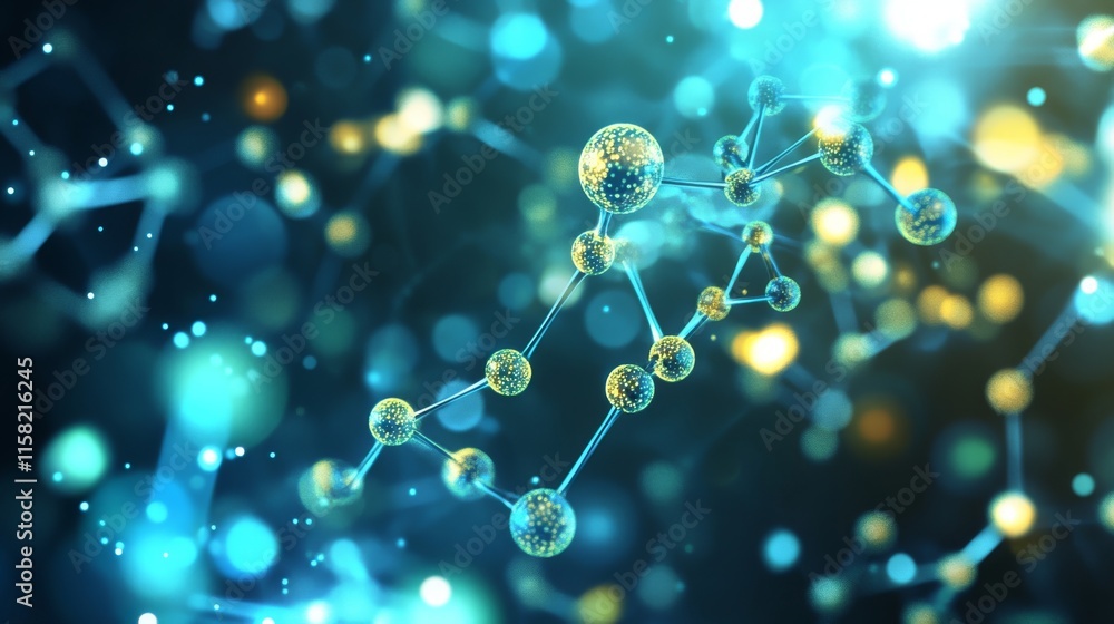 Poster abstract molecular structure with glowing particles.