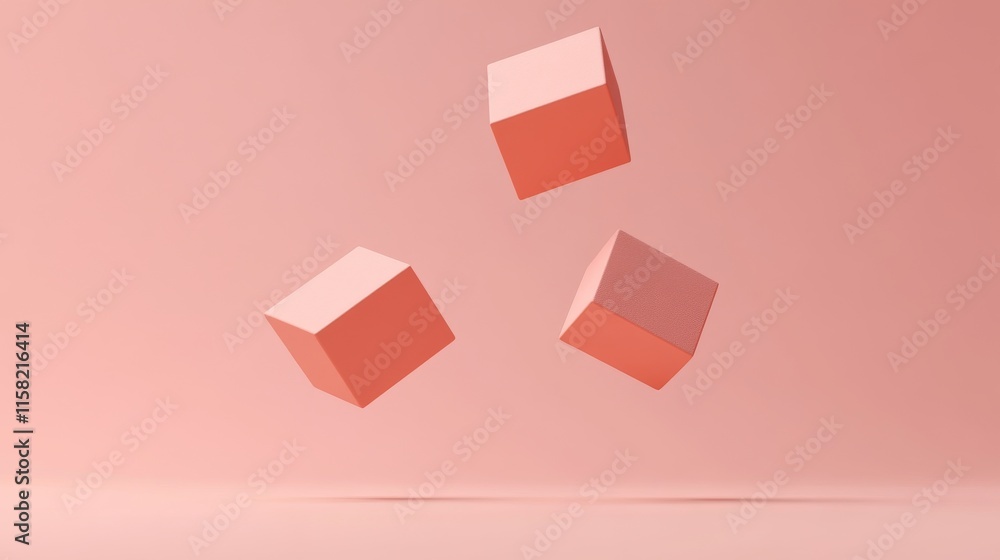 Poster abstract pink cubes floating in space.