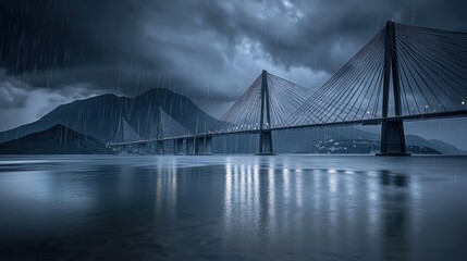 Obraz premium A dramatic bridge spans a calm lake under a stormy sky, reflecting the turbulent atmosphere.