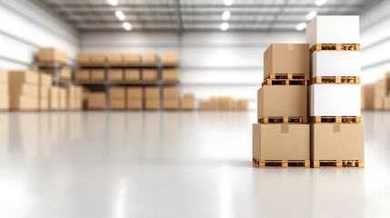 Stacked cardboard boxes on pallets in spacious warehouse environment, showcasing organized storage and efficient logistics