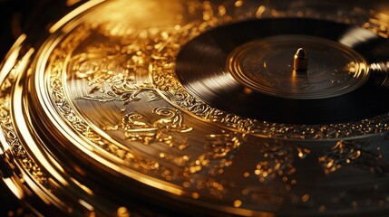 A close-up of an ornate golden record player with intricate designs and a spinning vinyl.