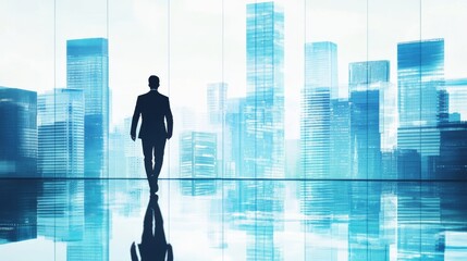 Obraz premium Businessman walking in a modern city skyline.