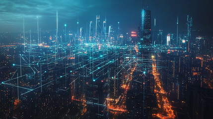 Obraz premium Smart Innovation city with connection cyber security network reciprocity over the night cityscape future wireless digital city and social media networking systems that connects people in the city