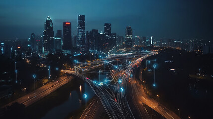 Fototapeta premium Smart Innovation city with connection cyber security network reciprocity over the night cityscape future wireless digital city and social media networking systems that connects people in the city