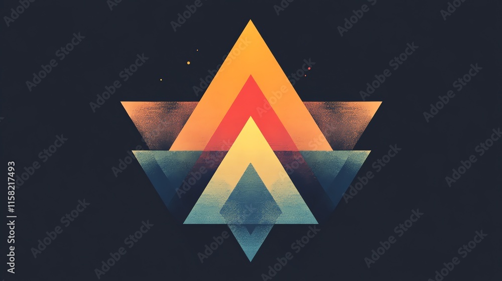 Poster Abstract geometric design featuring layered triangles in warm and cool colors.