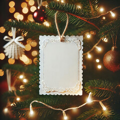 a white Christmas card hanging on a twinkling illuminated Christmas tree