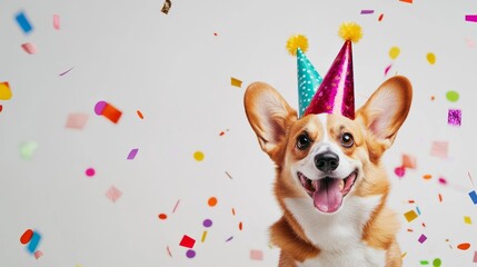 Welsh Corgi with 2025 decorations. Featuring a lively New Year��s scene with party hats and streamers
