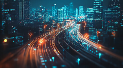 Fototapeta premium Smart Innovation city with connection cyber security network reciprocity over the night cityscape future wireless digital city and social media networking systems that connects people in the city