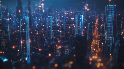 Fototapeta premium Smart Innovation city with connection cyber security network reciprocity over the night cityscape future wireless digital city and social media networking systems that connects people in the city