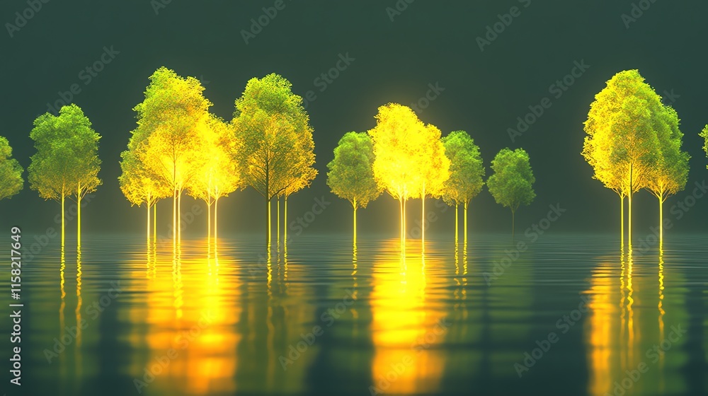 Poster a serene landscape with illuminated trees reflecting on water, evoking tranquility.