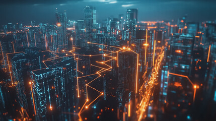 Fototapeta premium Smart Innovation city with connection cyber security network reciprocity over the night cityscape future wireless digital city and social media networking systems that connects people in the city