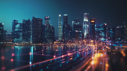 Obraz premium Smart Innovation city with connection cyber security network reciprocity over the night cityscape future wireless digital city and social media networking systems that connects people in the city