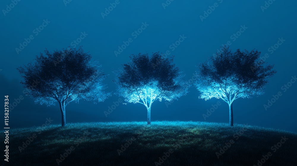 Poster three illuminated trees in a foggy landscape create a serene and mystical atmosphere.
