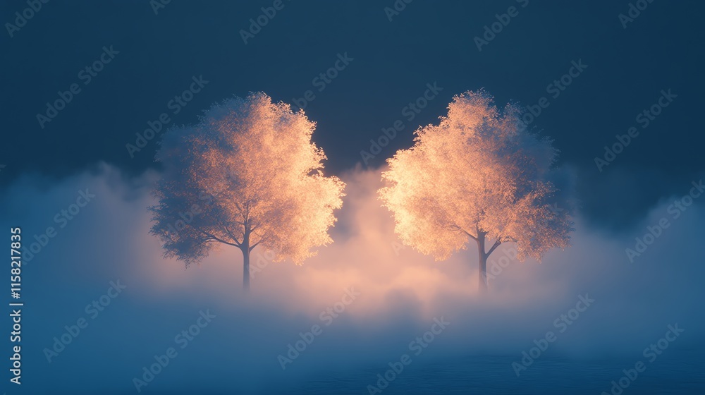 Aufkleber ethereal scene of two illuminated trees amidst a foggy landscape.