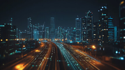 Fototapeta premium Smart Innovation city with connection cyber security network reciprocity over the night cityscape future wireless digital city and social media networking systems that connects people in the city