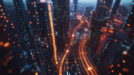 Fototapeta premium Smart Innovation city with connection cyber security network reciprocity over the night cityscape future wireless digital city and social media networking systems that connects people in the city