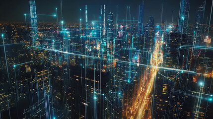 Smart Innovation city with connection cyber security network reciprocity over the night cityscape future wireless digital city and social media networking systems that connects people in the city