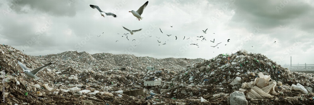 Poster Seagulls soaring above a large landfill under a cloudy sky with space for additional text. Generative AI