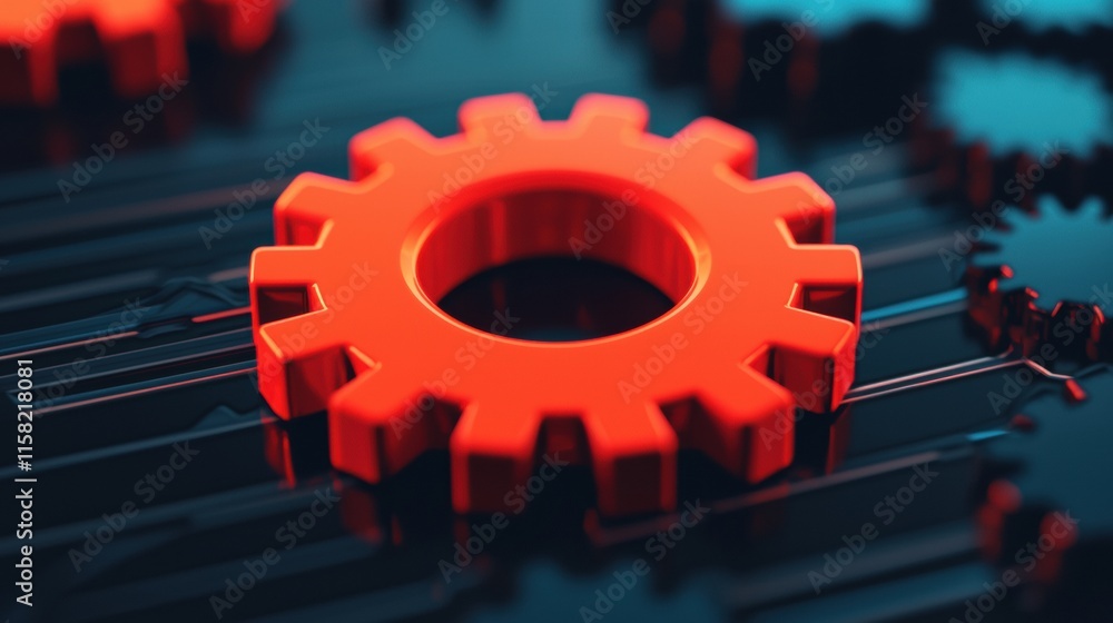Aufkleber red gear rotating on digital circuit board: technology and innovation