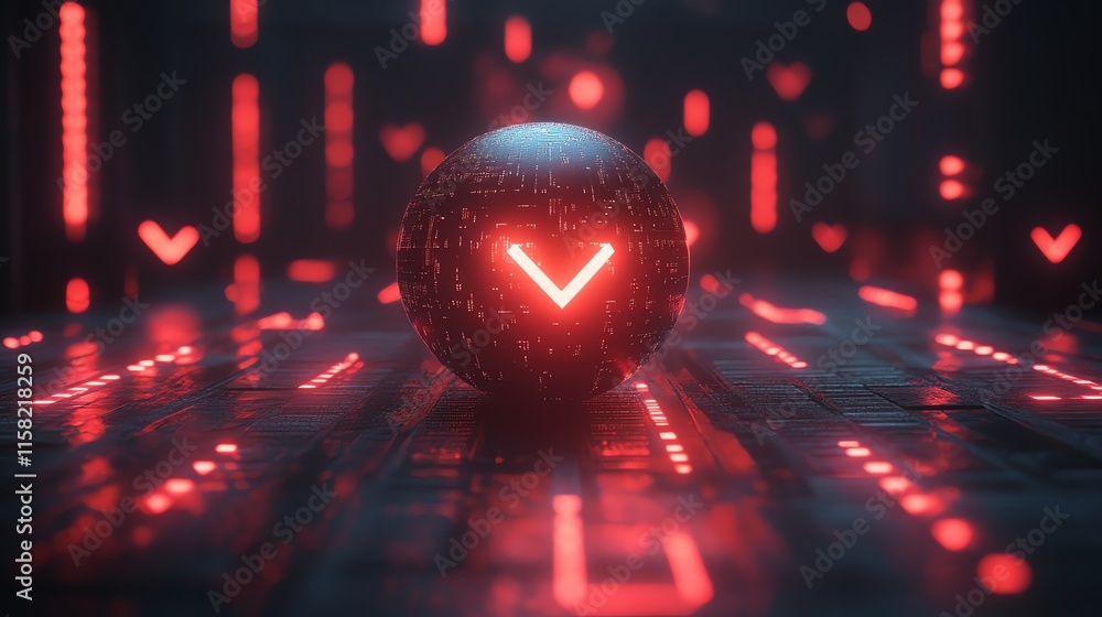 Poster A glowing red sphere with a digital pattern, surrounded by abstract red light elements.