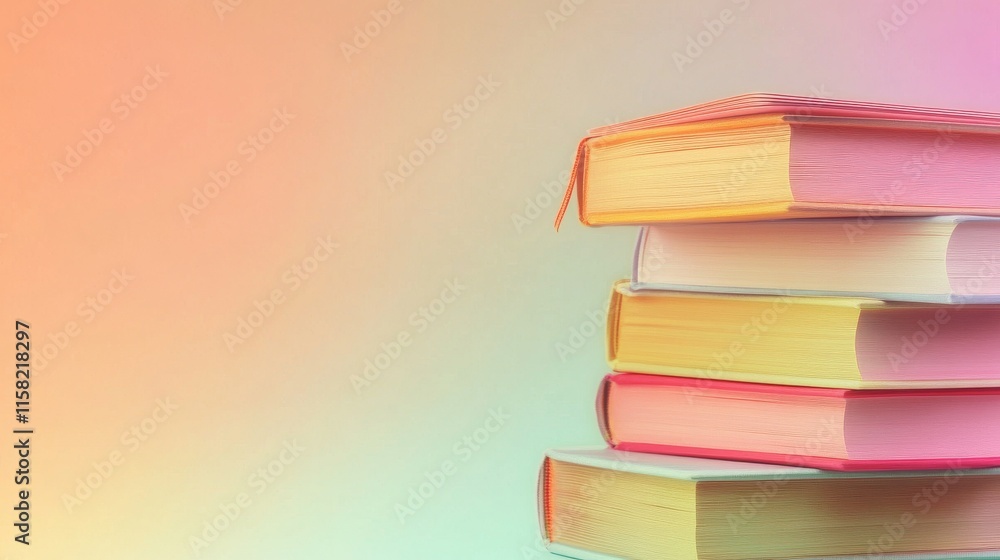 Poster colorful stack of books on a soft gradient background.