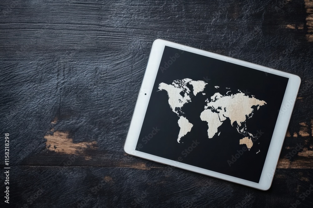 Poster Modern flat lay showcasing a tablet with a detailed world map on a rustic wooden surface. Generative AI