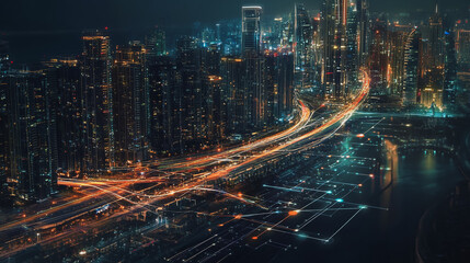 Obraz premium Smart Innovation city with connection cyber security network reciprocity over the night cityscape future wireless digital city and social media networking systems that connects people in the city