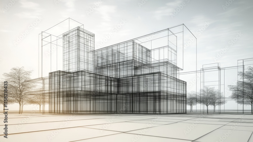 Poster conceptual building wireframe structure design.