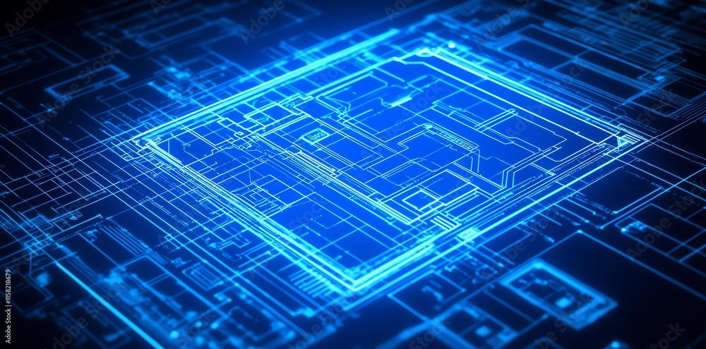 Aufkleber a digital representation of a circuit board with blue neon lines.