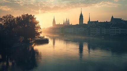 Naklejka premium Serene sunrise over a river with silhouettes of buildings and trees.