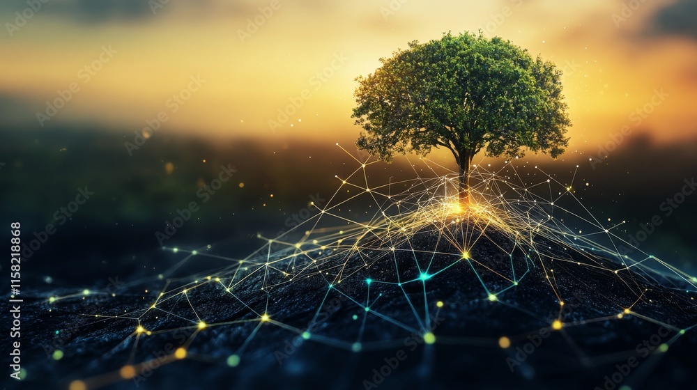Poster digital tree with glowing network connections.