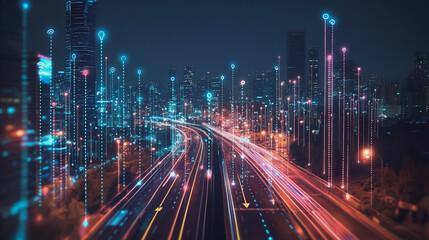 Fototapeta premium Smart Innovation city with connection cyber security network reciprocity over the night cityscape future wireless digital city and social media networking systems that connects people in the city