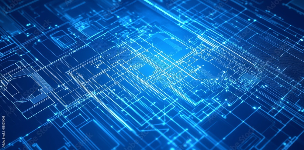 Poster Abstract digital circuit design with glowing blue lines and nodes.